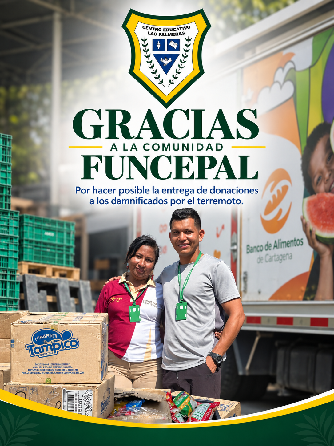 Representantes de FUNCEPAL junto a cajas de donaciones entregadas en el Banco de Alimentos de Cartagena.